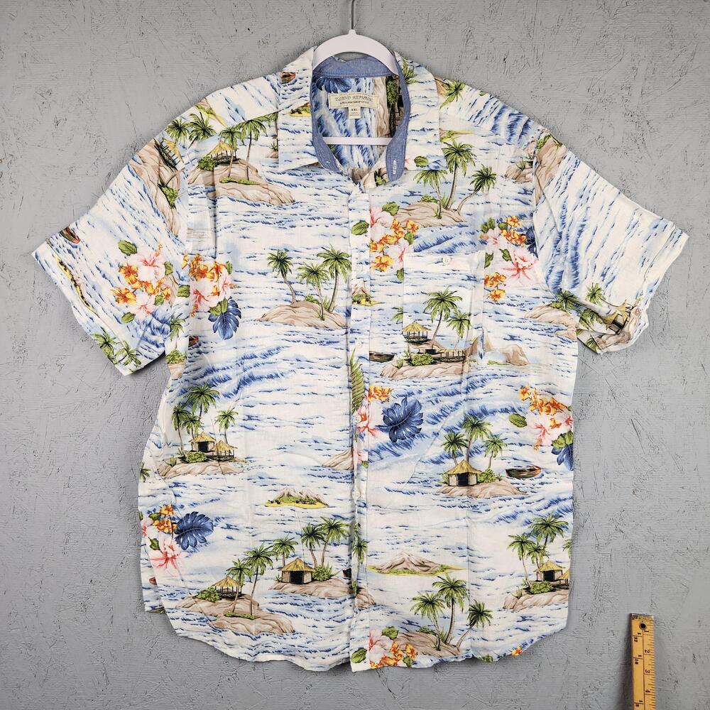 Island Republic Shirt Mens 2XL Blue Hawaiian Aloha Floral Linen Native Graphic